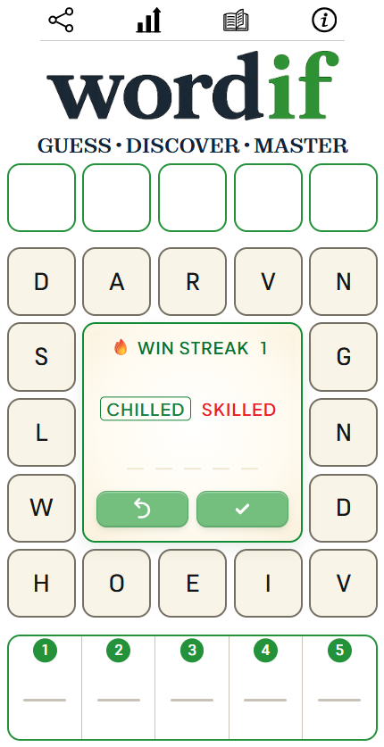 Wordif game screen showing hidden word boxes, grid letters, centre controls and guessed words box.